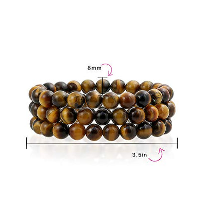 Bling Jewelry Genuine 8MM Gemstone Ball Bead Stretch Bracelet Stackable (3 Set) - color: Brown Tigers Eye
