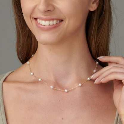 Pearl Necklace for Women- 14K Gold-plated/White Gold-plated Dainty Pearl Necklace for Women - color: Gold pearl station