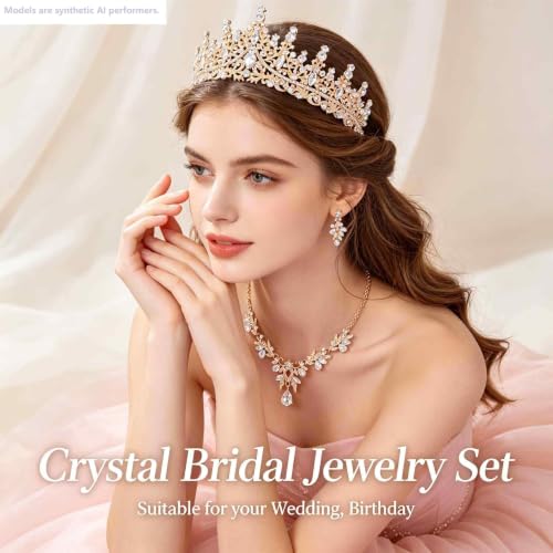 Kamirola Tiaras and Crowns for Women,Tiaras Earrings Necklace, Crystal Bridal Jewelry Set, Costume Jewelry for Women Party Halloween Prom Pageant - color: GOLD WHITE