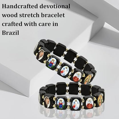 Catholica Shop Devotional Catholic Religious Wood Stretch Bracelets. Small and Large Panels with Assorted Images of Saints, Jesus and Mary. Unisex. Handcrafted in Brazil - style: Small BK Panel Gold Tone