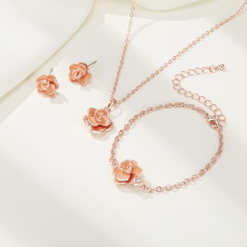 EleQueen Rose Flower Necklace Earrings Bracelet Set for Women - color: Orange-Rose Gold