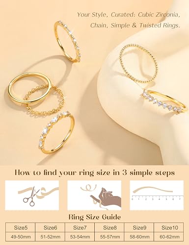 THUNARAZ Gold Rings for Women Non Tarnish Dainty Stackable Thumb Ring Set | 14K Gold Plated Ring Size 5-10, Stacking Rings for Women, Waterproof Chain Ring for Women, Engagement Promise Wedding Rings