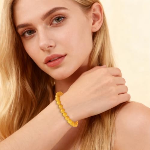 Agate Round Beaded Bracelet for Women Men Natural Agates Stone Healing Bracelets Stretch Elastic Handmade Polished Gemstone Beads Bracelet - color: Yellow, size: 8mm Beads