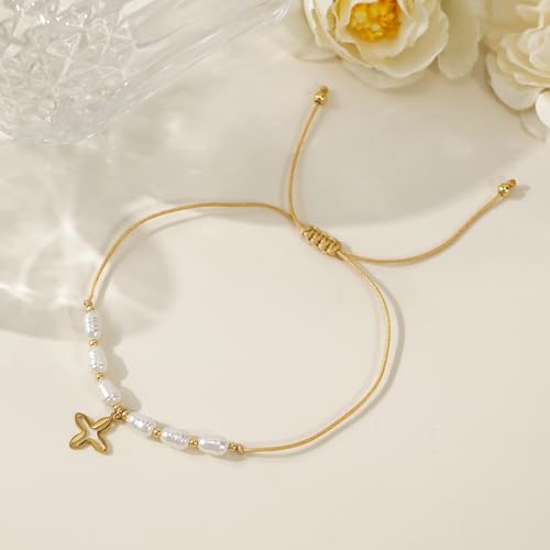 Boho Glass Seed Beaded Bracelets For Women, Handmade Romantic Gold Plated charm String Braided Rope Adjustable Jewelry, Summer Beach Daily Party Friendship Gift - color: Pearl Cross