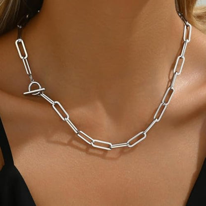18K Gold Plated Chunky Chain Necklace for Women Dainty Cuban Paperclip Chain Toggle Bar Clasp Necklace Thick Trendy Layering Gold Chain Link Stainless Steel Jewelry - style: Toggle Paperclip-White Gold