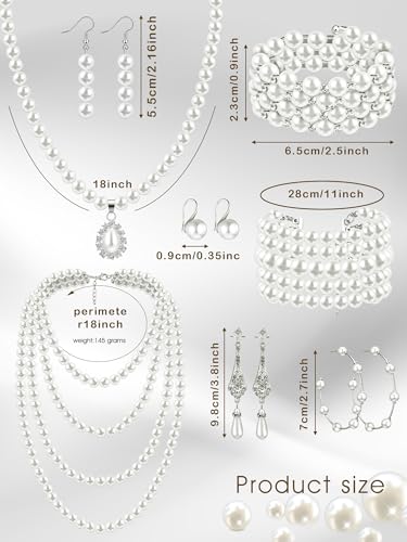 BBTO 8 Pcs Pearl Necklace and Earring Set for Women Faux Pearl Bracelet Costume Jewelry Set for Wedding Bridal Shower Party - style: Refined Style