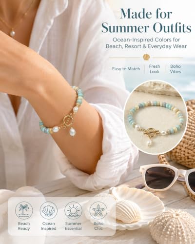 Elova Turquoise Bead Pearl Bracelet, Dainty Handmade Beaded Jewelry | Dainty, Colorful Stackable, Boho Summer Beach, Toggle Clasp, Gift for Women - color: 1pc#Gold