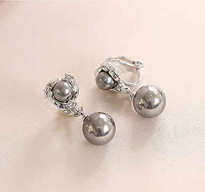Clip On Earring For Women Pearl Non Pierced Clip Earrings - color: silver gray