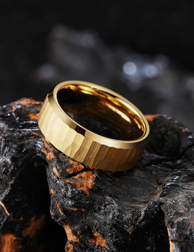King Will 8mm Mens Hammered Tungsten Rings Matte Brushed Finish | Beveled Edge, Comfort Fit, Durable, Everyday Wear - color: Gold