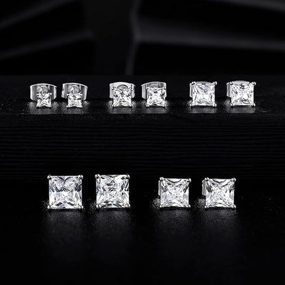 Stud Earring Set for Women Men 18K Yellow/White Gold Plated Princess Cut 4 Prong Graduated Square Clear Cubic Zirconia Pakc of 6 Pairs 3-7mm - color: White gold-6mm-6 pairs