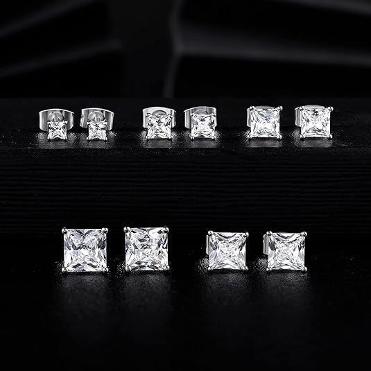 Stud Earring Set for Women Men 18K Yellow/White Gold Plated Princess Cut 4 Prong Graduated Square Clear Cubic Zirconia Pakc of 6 Pairs 3-7mm - color: White gold-7mm-6 pairs