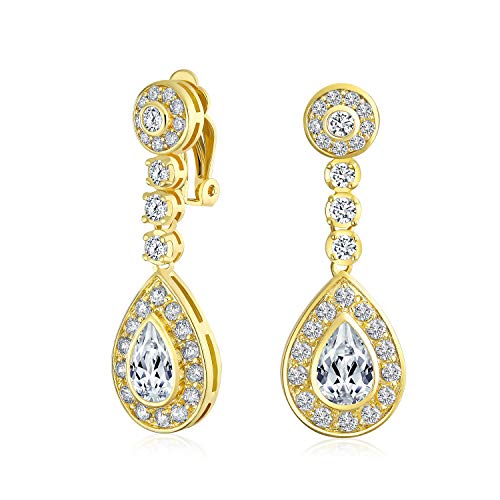 Bling Jewelry Statement Teardrop Cubic Zirconia AAA CZ Dangle Chandelier Screw Clip On Earrings For Women Silver Plated More Colors - color: Gold