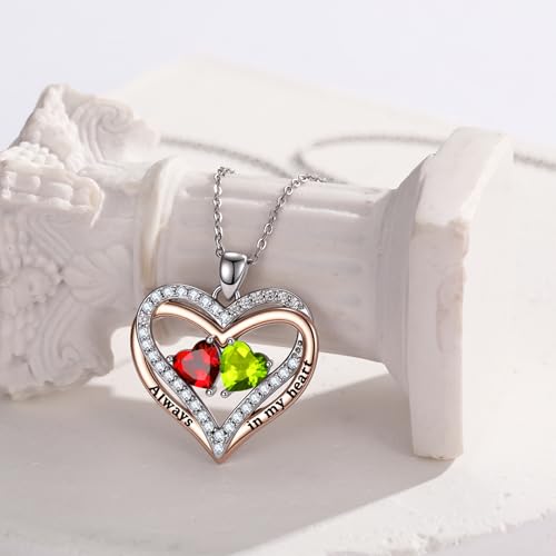 Heart Birthstone Necklace for Women 14K Rose Gold/White Gold Filled Overlapping Double Hearts Pendant Anniversary Valentine's Day Birthday Mother's Day Christmas Gifts for Wife Mom Daughter Her - color: 01-08-Jan-Aug Birthstone-A, style: Double-Layered Lo
