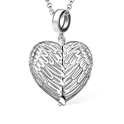 Personalized Photo Locket Necklace that Holds Pictures Sterling Silver Jewelry Gifts for Women Girls Custom Photo Lockets Pendant Necklace Picture Locket Memorial Jewelry Heart Wing Four Leaf Oval - color: Heart wing