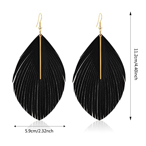Bohemian Handmade Lightweight Color Large Genuine Soft Leather Fringe Feather Leaf Tear Dangle Drop Earrings for Women Statement - color: Black