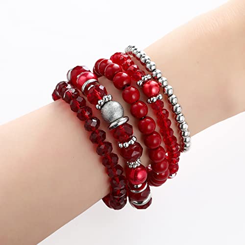 Noessla Beaded Pearl Stretch Bracelet Silver Stackable Crystal Beads Bracelets Trendy Costume Jewelry Mothers Day Gifts for Women - color: Red
