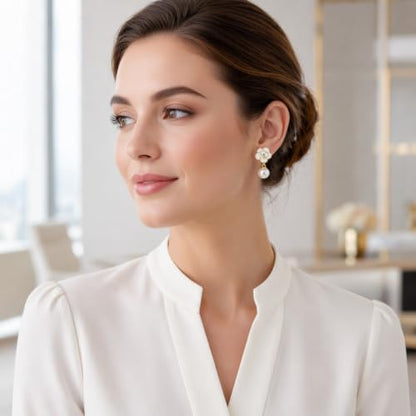 1 Pair Elegant Clip On Pearl Earrings Camellia Flower Design Chic Vintage | Camellia Flower Earrings | Clip-style Design | Pearl Earrings