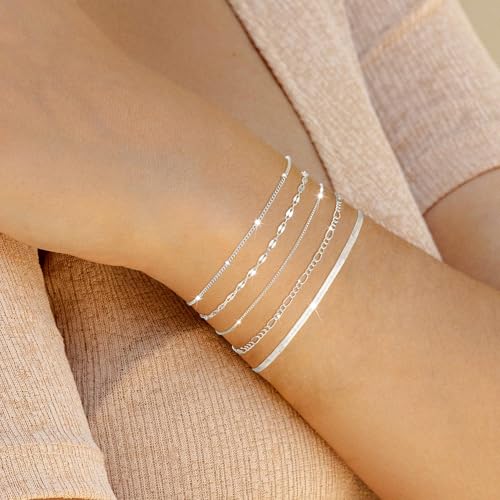 Dainty 14K Gold Plated Bracelets for Women Waterproof, Non Tarnish Gold Jewelry Sets, Thin Stackable Link Paperclip Chain Bracelet Pack Fashion Accessories Gifts for Womens - style: 5Pcs BRACELET SET-07
