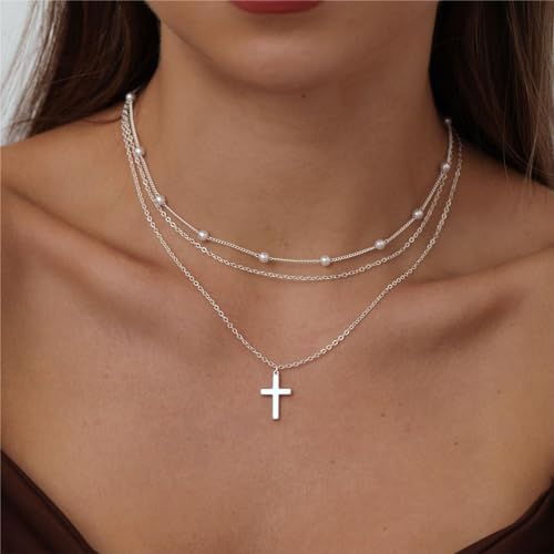 ASCOMY Layered Necklaces for Women Dainty Gold Necklace 14K Gold Plated Herringbone Necklace for Women Pearl Cross Necklace Paperclip Cuban Figaro Rope Satellite Chain Gold Choker Trendy Jewelry Gift - style: 3Layer O Chain Pearl Cross-SL