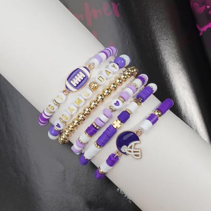 Ardorchid Halloween Bracelets for Women Pumpkin Ghost Steleton Bat Skull Beaded Stackable Stretchy Bracelet Rugby Thanksgiving Christmas Heishi Bracelets - color: Game Day-Purple