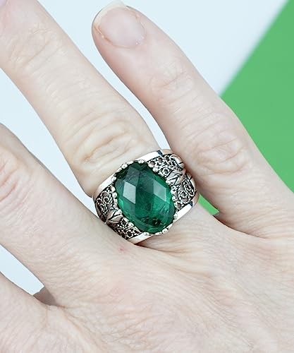 Filigranist 925 Sterling Silver Filigree Art Lace Embroidery Tulip Detailed Gemstone Women Cocktail Ring, Luxurious Gift Boxed - color: Emerald