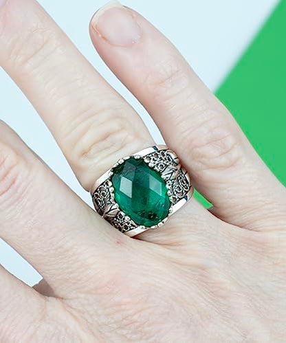 Filigranist 925 Sterling Silver Filigree Art Lace Embroidery Tulip Detailed Gemstone Women Cocktail Ring, Luxurious Gift Boxed - color: Emerald