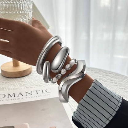 MOZAKA 4PCS Chunky Gold Bangle Bracelets for Women | Trendy Wide Wrist Cuff Bracelets Stack Statement Bangle Fashion Jewelry Gift - color: silver