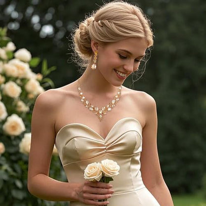 Women's Wedding Statement Necklace Dangle Earring Jewelry | Austrian Crystal Teardrop Cluster,Necklaces Earrings Set for Bride Bridesmaid,Prom Accessories - color: 12-Champagne Gold-Plated-Base