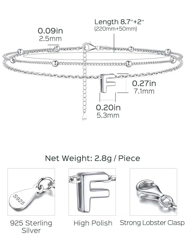 ChicSilver Ankle Bracelets for Women Waterproof, 925 Sterling Silver Initial Anklets for Women, Adjustable Dainty Layered Anklet Beach Jewelry for Women Mom Wife Friend - style: Silver-F