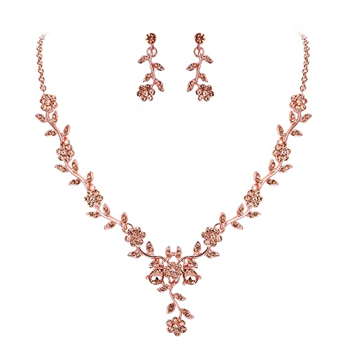 Women's Wedding Jewelry Set for Bride,Prom Bridal Accessories | Bling Crystal,Flower Leaf Cluster,Dangle Earrings Pendant Necklace Set,for Bridesmaid,Party Jewellery - color: 14-Peach Morganite Color Rose-Gold-Plated-Base