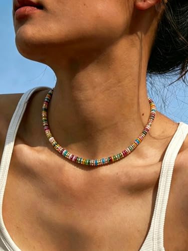 HAXIYA Colorful Beades Gemstone Necklace for Women Boho Beaded Choker | Rainbow Natural Stone Chunky Bead Surfer Summer Beach Necklaces Jewelry Hypoallergenic - color: Raibow+Gold