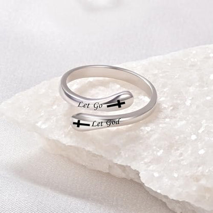 Fookduoduo 925 Sterling Silver Ring Inspirational Jewelry adjustable Wrap Open Rings for Women - style: Let Go Let God