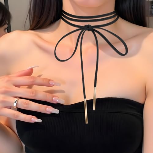 Red Choker Necklace for Women, Gothic Bow Velvet Choker, Sexy Long Wrap Rope Collar Tie Neck Chain with Gold Tube, Red Bow Tie Necklace Neck Accessories for Party Prom - color: Black
