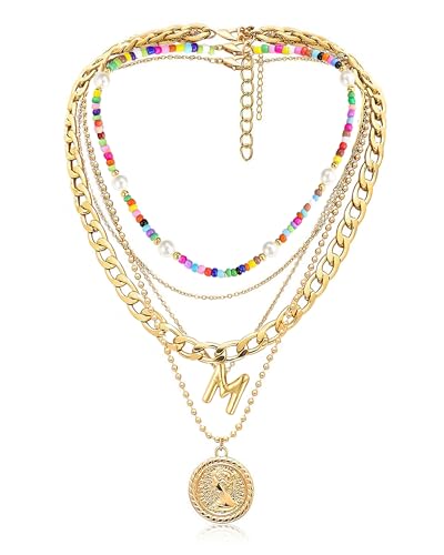 MJartoria Layered Necklaces for Women Trendy Balloon Initial Pendant Necklace Dainty Chunky Chain Beaded Choker Necklaces Jewelry Birthday Gifts - color: Gold, style: M