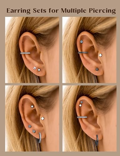 LOLIAS Hypoallergenic Flat Back Earrings for Women-Surgical Steel Earrings for Sensitive Ears 20G Stainless Steel Earring Stacks Small Flatback Stud Hoop Cartilage Earring - color: Black