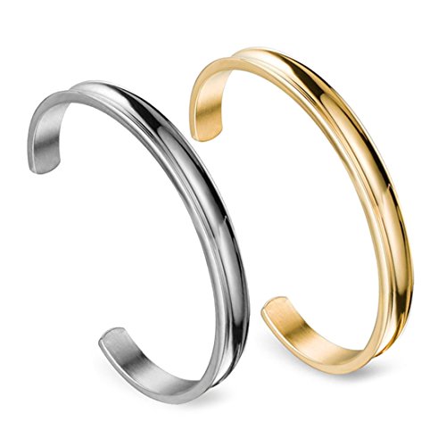 Zuo Bao Stainless Steel Bracelet Grooved Cuff Bangle for Women - color: Silver+Gold
