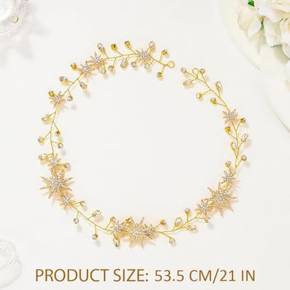 Unicra Star Rhinestone Bride Wedding Hair Vine Gold Bridal Hair Piece Crystal Hair Accessories for Women (21 Inches) - color: Gold