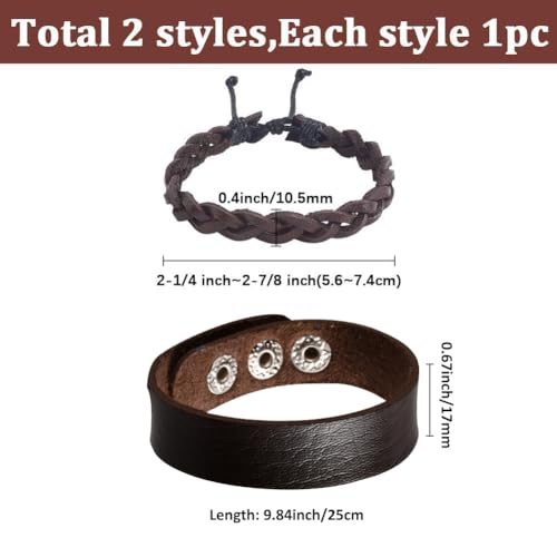 2 Styles Cowhide Wide Cuff Wrap Adjustable Genuine Leather Bracelets Brown Braided Rustic Leather Wrist Band Vintage Rope Bracelet Wristband for Men Women Daily Wear Costume Party Gift - style: 2 styles 2