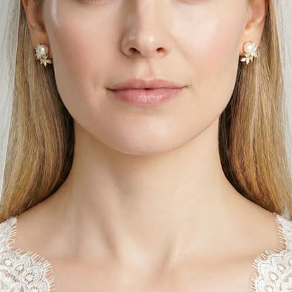 Mariell Pearl & Marquise CZ Crystal Wedding Earrings for Bride, Bridesmaids & Mother of the Bride - color: Gold