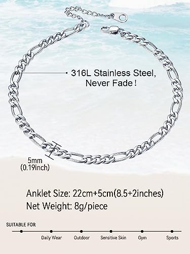 FaithHeart Waterproof Ankle Bracelets for Women, 1/2/3Pcs Non Tarnish Stainless Steel Layered Anklet Set Paperclip Figaro Cuban Link Chain Dainty Summer Beach Jewelry Gift Adjustable Size - style: g.Figaro - Silver
