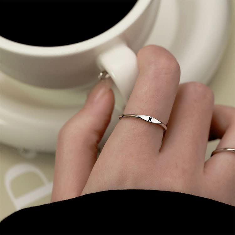Thin Stacking Initial Rings for Women Stackable Plain Letter Ring Open Adjustable Silver Capital Alphabet Letter Band Ring - color: T