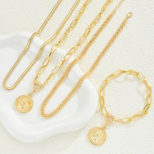 4 Pcs Gold Jewelry Set for Women with 3 Necklace, 1 Bracelet Elegant Sophisticated Style Versatile Piece Gold Plated Necklaces Bracelets