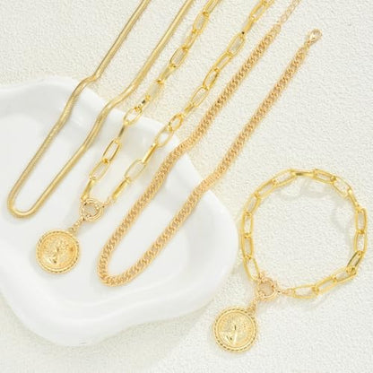 4 Pcs Gold Jewelry Set for Women with 3 Necklace, 1 Bracelet Elegant Sophisticated Style Versatile Piece Gold Plated Necklaces Bracelets