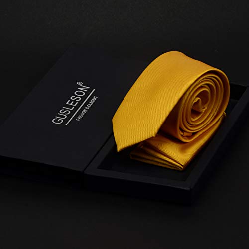 GUSLESON 2.4" Slim Necktie and Handkerchief Set For Men Solid Skinny Tie Set - color: Gold