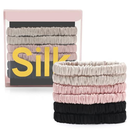 6Pcs Silk Hair Ties 100% Pure Mulberry Silk Scrunchies for Women Girls | No Hair Crease, Anti Frizz, Gentle Hold, No Damage, Color 05 - color: Black&Beige&Pink