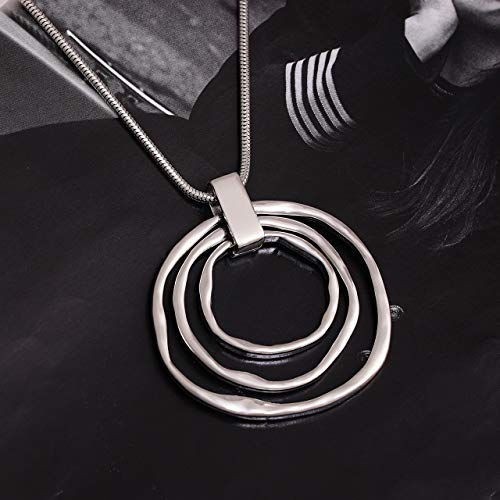 NVENF Long Sweater Chain Double Circle Pendant Necklace Bold Snake Chain Women Statement Necklace - color: D Silver triple