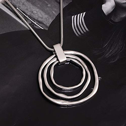 NVENF Long Sweater Chain Double Circle Pendant Necklace Bold Snake Chain Women Statement Necklace - color: D Silver triple