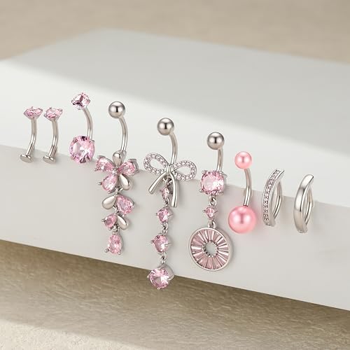 G&O JFU 9 Pcs Belly Button Ring Dangle Hypoallergenic Surgical Stainless Steel Heart Flower Pearl Bow Dangly Belly Rings for Women 14G Clicker Floating Navel Piercing Jewelry - color: Silver Pink