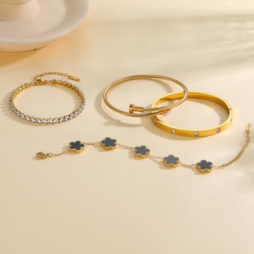 18K Gold Plated Stackable Love Bangle Bracelet Set for Women - 3 Pcs Stainless Steel Chain Bracelet Cubic Zirconia Tennis Bracelet Gold Bangle Set Gift for Wife - color: Black Floral Bracelet Set