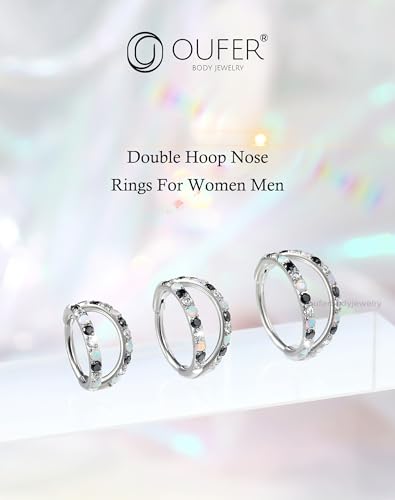 OUFER 20G Nose Rings for Women, 316L Surgical Steel Double Hoop Nose Piercing Jewelry, Opal and CZ Septum Lip Eyebrow Cartilage Conch Rook Helix Tragus Daith Earrings Piercing Jewelry-6/7/8MM - color: Black CZ